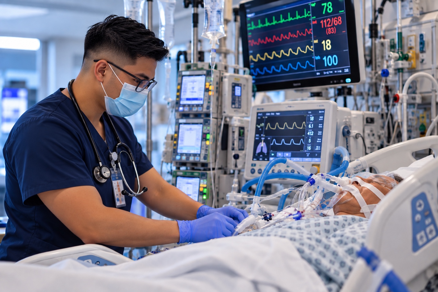Ernie caring for a patient in a critical care unit